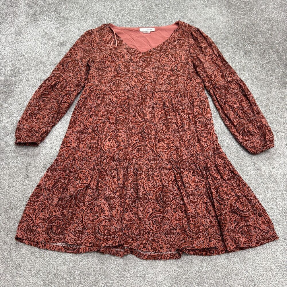 Lucky Brand Paisley Boho Long Sleeve Mini Dress Womens XS Red Brown Rayon Casual